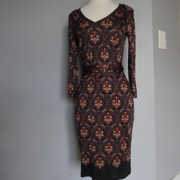 Tory Burch Tilda Silk Jersey Printed Belted Dress Damask Parsley 3/4 sleeves - Picture 3 of 12